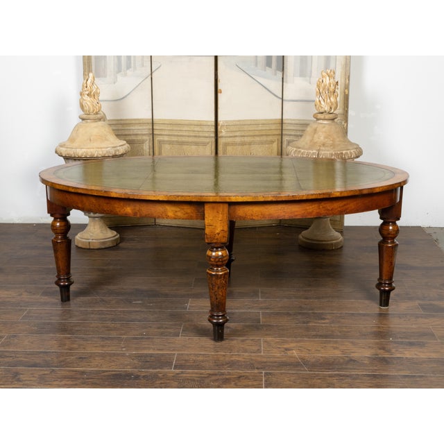 19th Century English 19th Century Mahogany Table with Green Leather Oval Top and Turned Legs For Sale - Image 5 of 12