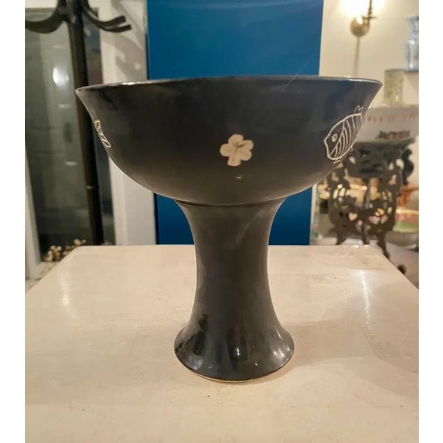 1950s Japanese Black Glazed Pottery Stem Cup For Sale - Image 9 of 13