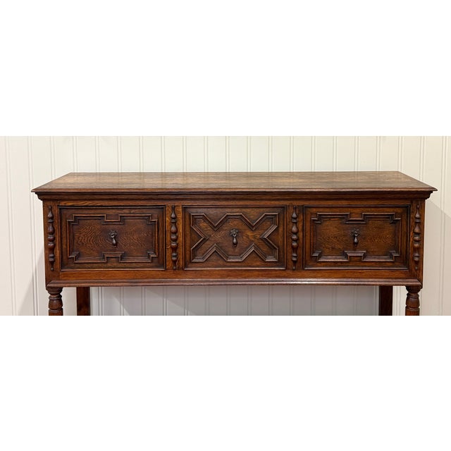 1930s Antique English Jacobean Console Buffet Sideboard Sofa Table Oak c.1930s For Sale - Image 5 of 17