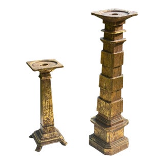 Vintage Brutalist Gilt Faux Bois Sculptural Candleholders, Graduated Pair For Sale