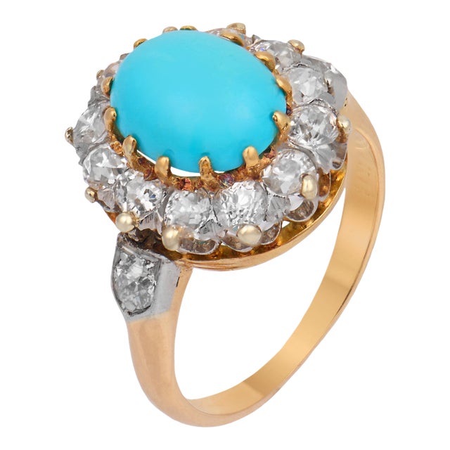 19th Century Victorian Turquoise Rose Cut Diamond 14k Rose Gold Cluster Ring, Size 8.5 For Sale
