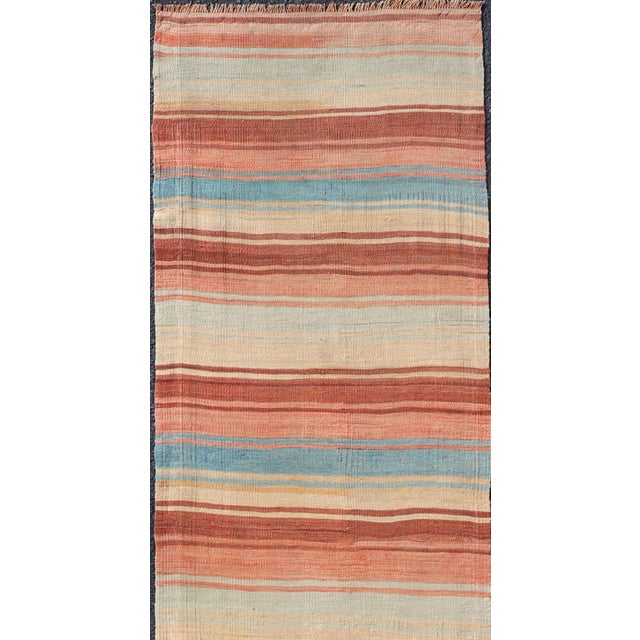 Measures: 2'3 x 11'1 Turkish Vintage Kilim Runner with Rust, Blue and Ivory Striped Design. Keivan Woven Arts /...
