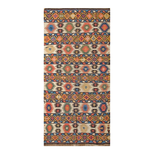 1890s Multicolor Stripe Antique Caucasian Kilim 4' 2" X 8' 6" Flatweave Wool Carpet For Sale