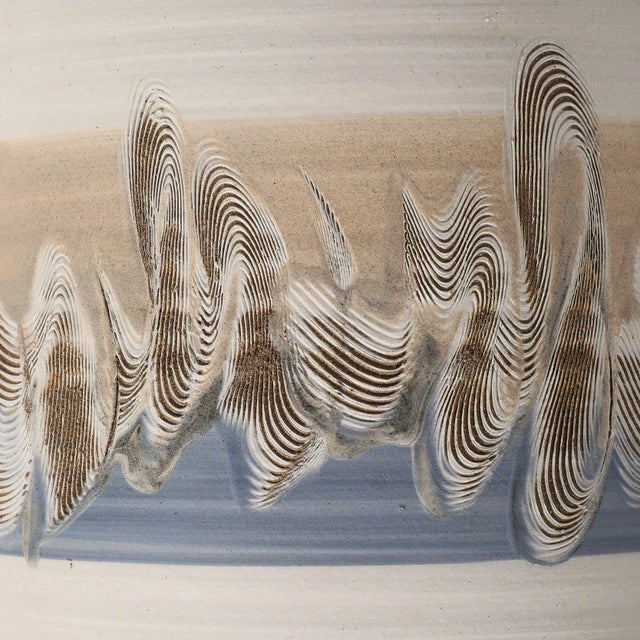 Pair of Mid-Century Modernist Off White Ceramic Table Lamps W/ Banded Detailing For Sale - Image 11 of 12