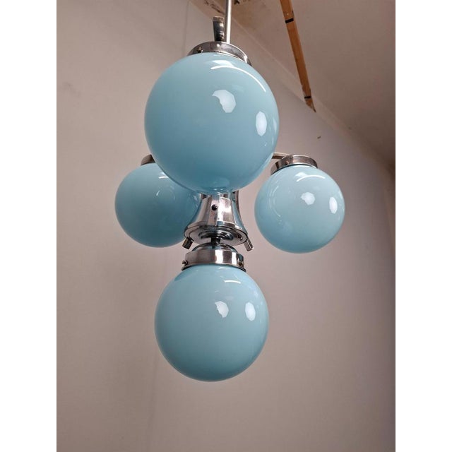 Czech Art Deco Blue Opaline Glass and Chrome 4-Light Chandelier, 1930s For Sale - Image 16 of 18