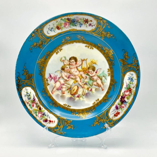 French Rococo Revival Porcelain Charger with Hand-Painted Putti in Clouds and Gilt Accents in the style of Sèvres, 19th Century For Sale - Image 10 of 10