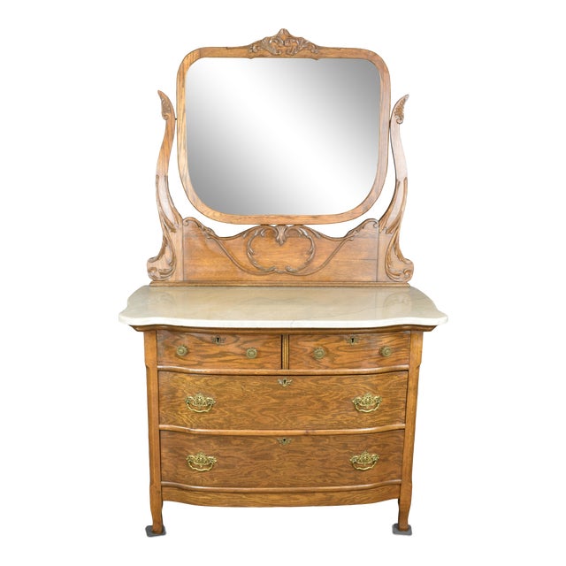 Antique Oak Serpentine Dresser With Mirror