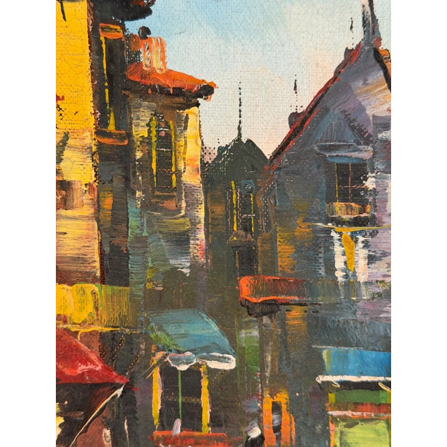 Wood Vintage Italian Mid Century Street Scene Painting For Sale - Image 7 of 14