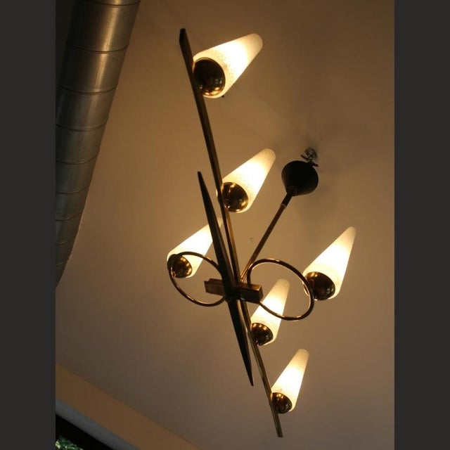1950s Art Deco Opaline and Brass Chandelier, 1950s For Sale - Image 5 of 18