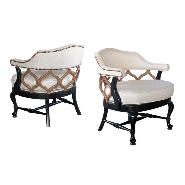 American 1960's Hollywood Regency Deep-Brown and Taupe Lacquered Barrel-Back Chairs - a Pair For Sale