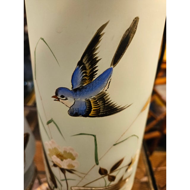 Interesting pair of seamist blue Blown Bristol Glass Vases having Hand Painted Mirrored Image decorations with Bluebirds...