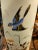 Interesting pair of seamist blue Blown Bristol Glass Vases having Hand Painted Mirrored Image decorations with Bluebirds...