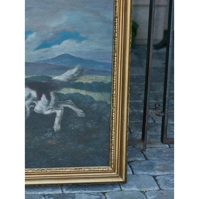 English 18th Century Oil on Canvas Hunting Dog Painting in Carved Giltwood Frame For Sale - Image 9 of 12