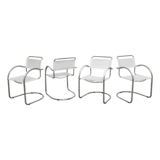 Bauhaus White Leather and Chrome Cantilever Chair, Italy, 1970s For Sale