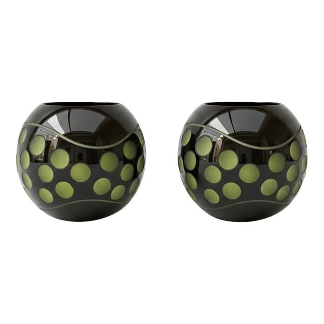 Vintage Black Glass Globe Candle Holders Pair-Green Polka Dot-Mid Century Modern For Sale