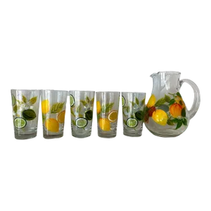 2000s Hand Painted Citrus Themed Tumbler and Pitcher Set With Lemons and Limes Set- 6 Pieces