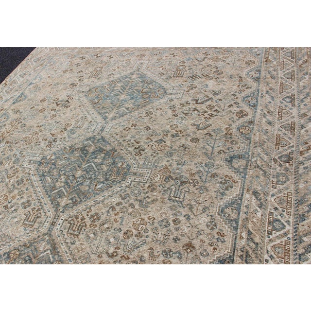 1920s Blue and Taupe Antique Persian Shiraz Rug With Tribal Geometric Medallions For Sale - Image 5 of 13