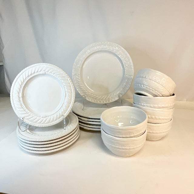 Mediterranean 1980s Vintage Anthropologie Portuguese Rope and Chain Ironstone Dinnerware - Set of 18. For Sale - Image 3 of 9