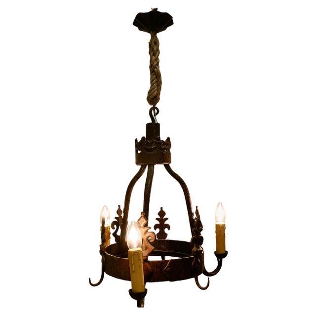 French Blacksmith Iron Game Hanging Light, 1900s For Sale