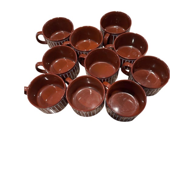 Brand is Curzon, made in Japan. A fabulous set of 10 vintage ~mid-century, Curzon ceramic coffee, hot chocolate, or soup...