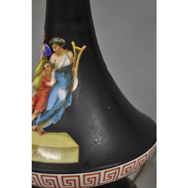 Metal Antique French Neoclassical Bronze & Black Porcelain Painted Table Lamps - Pair For Sale - Image 7 of 15