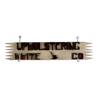 Antique Folk Art Trade Sign Advertising "Upholstering" in Raised Letters, Sawtooth Details & Rocking Chair For Sale