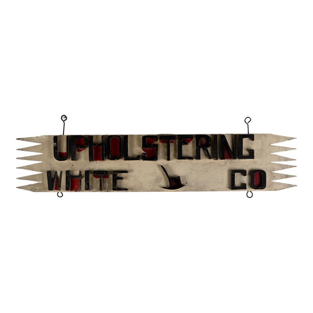 Antique Folk Art Trade Sign Advertising "Upholstering" in Raised Letters, Sawtooth Details & Rocking Chair For Sale
