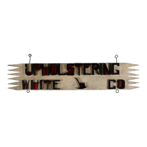 Antique Folk Art Trade Sign Advertising "Upholstering" in Raised Letters, Sawtooth Details & Rocking Chair