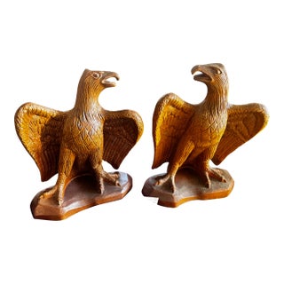 Pair of 23” Vintage Glazed Terra Cotta Federal Eagle Sculptures For Sale