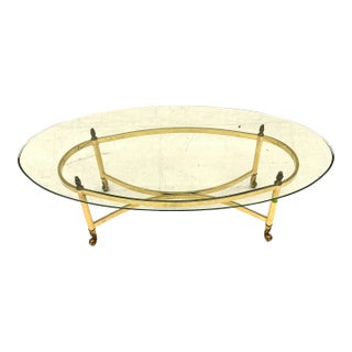 70's Midcentury LaBarge Style Brass Plated Base & Beveled Glass Oval Coffee Table For Sale