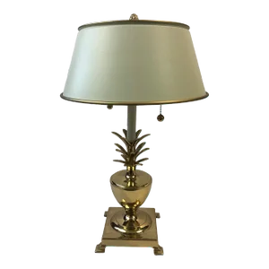 Vintage Polished Brass Pineapple Lamp With White Metal Shade