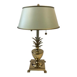Vintage Polished Solid Brass Pineapple Lamp With White Metal Shade For Sale