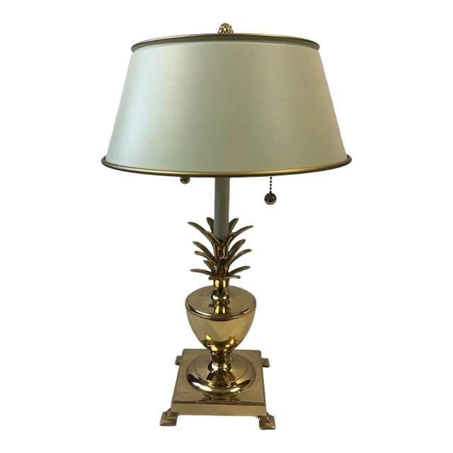 Vintage Polished Solid Brass Pineapple Lamp With White Metal Shade For Sale