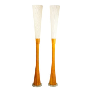Modern Teak Torchiere Floor Lamps- A Pair For Sale