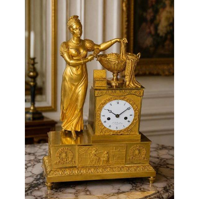 c.1800 Rouchouze Empire Gilt Bronze Mantel Clock For Sale - Image 11 of 18
