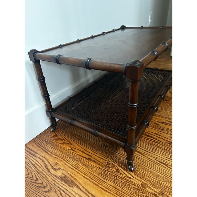 Vintage Mid-Century Faux Bamboo Walnut Coffee Table With Cane Shelf & Casters For Sale - Image 15 of 16