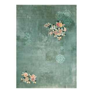 1930s Green Floral Antique Chinese Art Deco Rug 9' X 12' Handknotted Wool Carpet For Sale