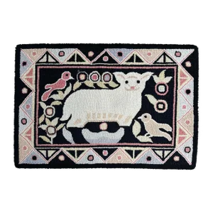 Vintage Hand Hooked Wool Folk Art Rug Lamb With Birds Geometric Border -Pennsylvania