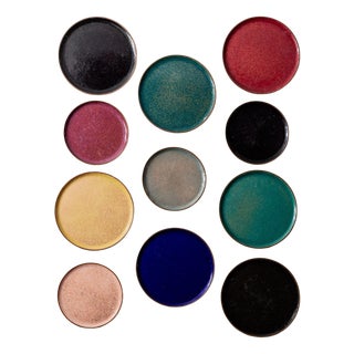 Small and Large Vintage Copper and Colorful Enamel Coasters, 1960s, Set of 11 For Sale