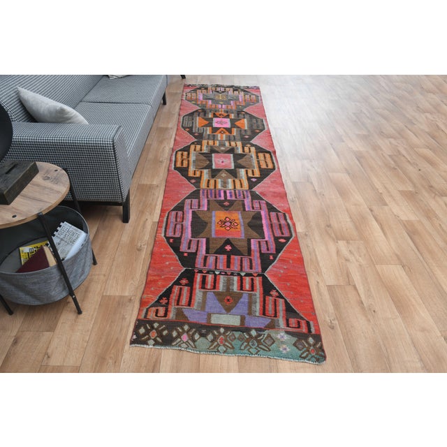 Boho Chic 1970s Vintage Handmade Wool Cotton Red Runner Rug For Sale - Image 3 of 11