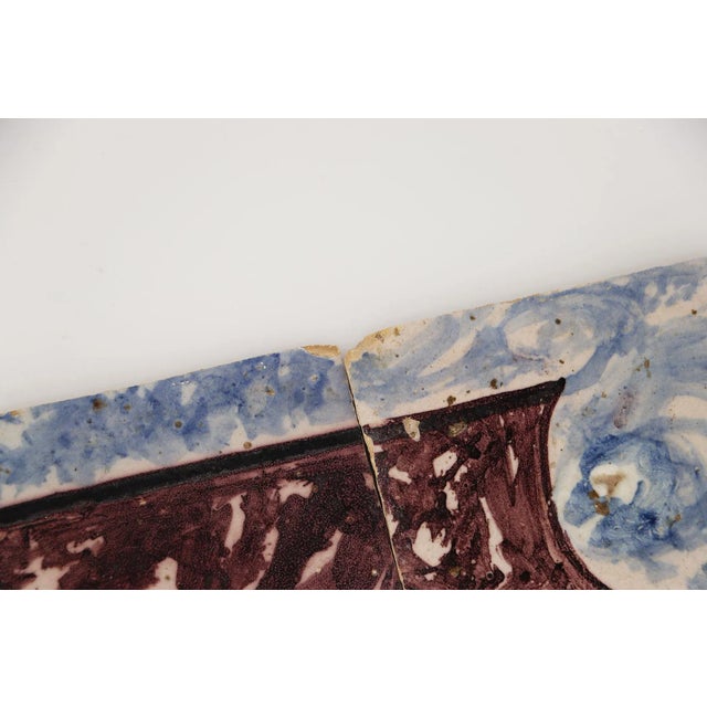 Blue 18th Century Antique Portuguese Strip of Four Blue and Brown Spongeware Tiles For Sale - Image 8 of 11