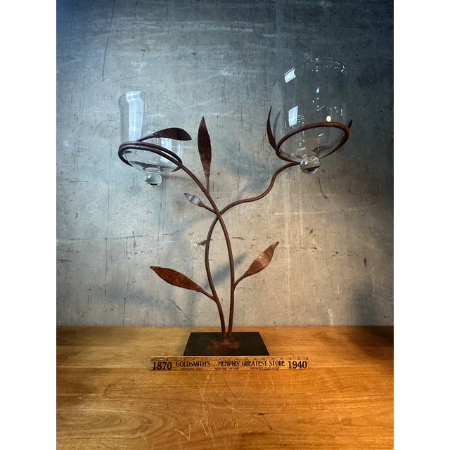 Late 20th Century Jan Barboglio Forged Iron Candelabra 2-Arm Vine Leaves Glass Votives Signed 19" For Sale - Image 9 of 11