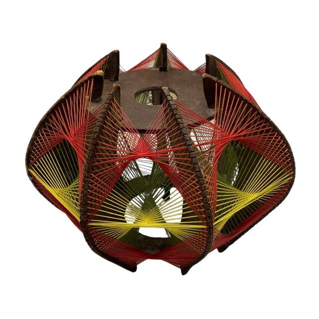 Vintage String Art Pendant, Wood, Cotton in Orange/Red, Green, Yellow, 1970s For Sale In Orlando - Image 6 of 9