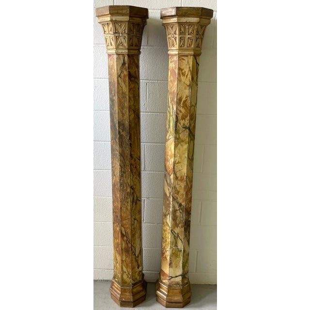 Brown 19th Century Tuscan Marbleized, Carved & Gilt 76" Columns/ Pedestals - a Pair For Sale - Image 8 of 12