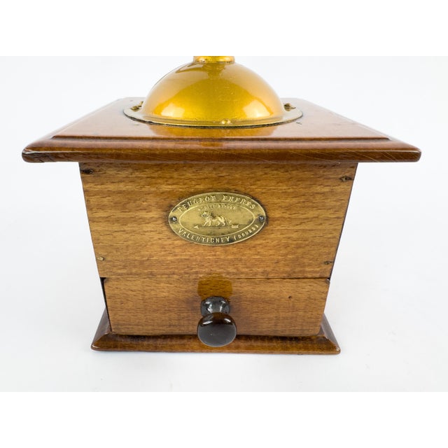 Antique French Peugeot Frères Wooden Coffee Grinder With Gold-Tone Hopper – Early 20th Century For Sale - Image 9 of 16