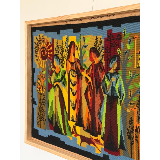 1970s French Cubist Needlepoint Pine Frame Saisons 1970s Handmade "Les Quatre Saisons" For Sale - Image 5 of 17
