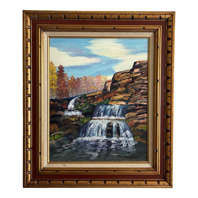 Vintage 1960’s Impressionist Rocky Landscape Oil Painting With Waterfall For Sale