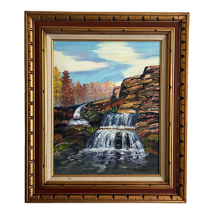 Vintage 1960’s Impressionist Rocky Landscape Oil Painting With Waterfall