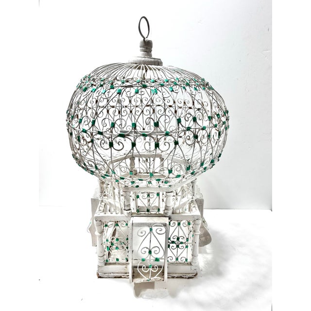 French Country Vintage French Whitewashed Metal Birdcage With Green Glass Jewel Accents For Sale - Image 3 of 12