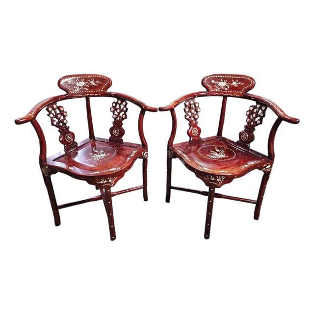 Mid 20th Century Ming Style Chinese Mother of Pearl Inlay Corner Chairs - A Pair For Sale